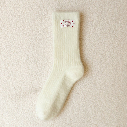 Embroidered Red Mid Calf Coral Fleece Cozy Socks