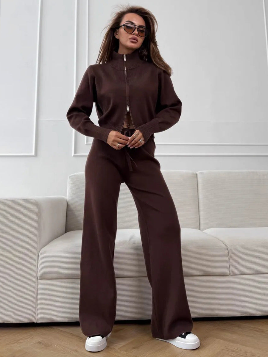 Long Sleeve Zippered Cardigan Knit Set
