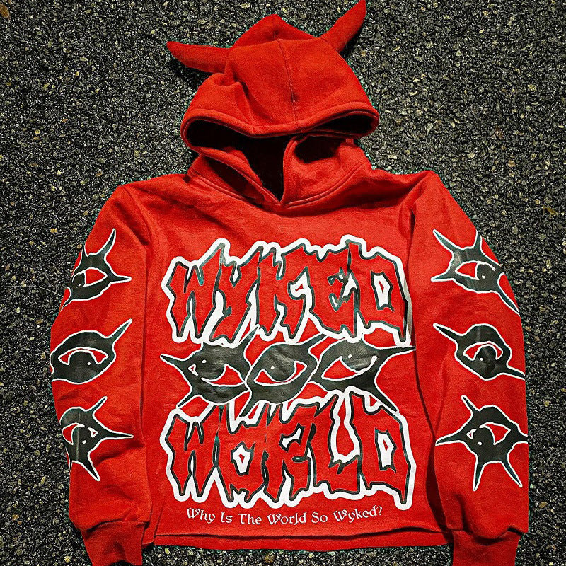 Sudadera con capucha con cuernos de diablo con estampado urbano estilo Y2K