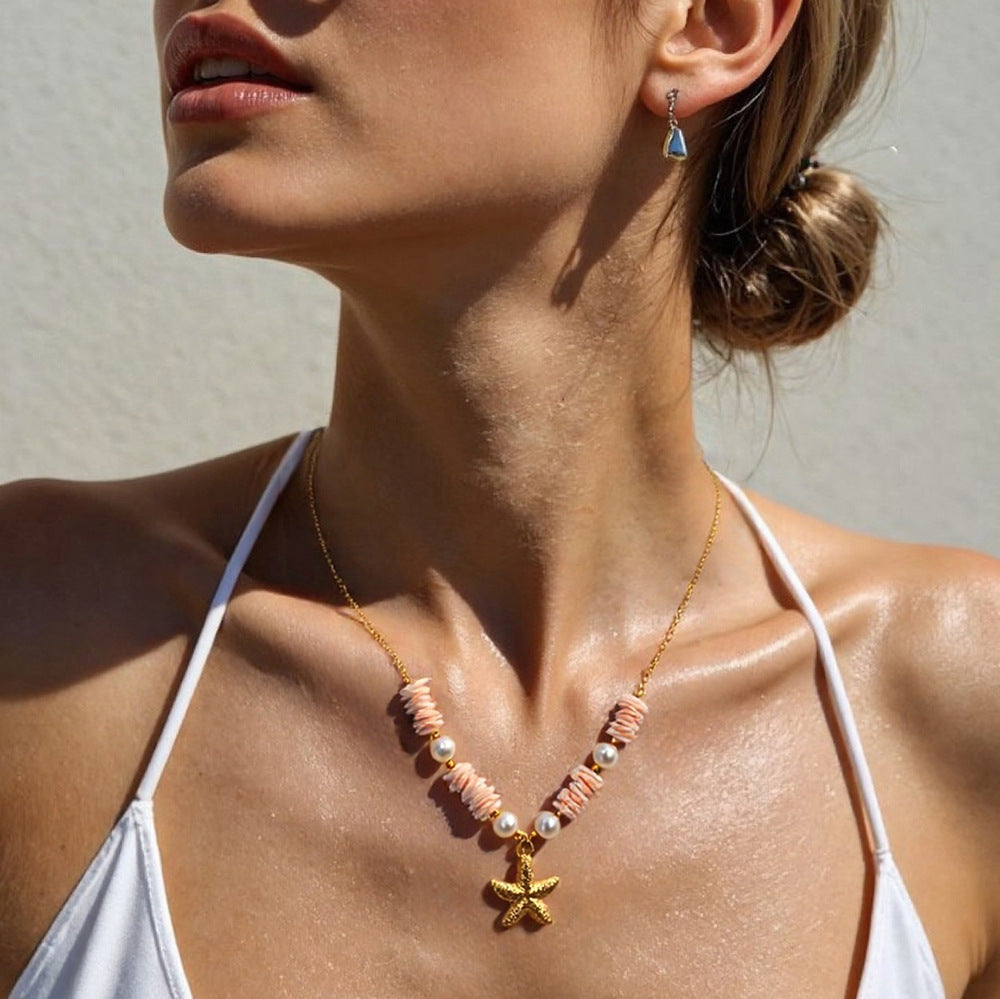 Collar de acero inoxidable con perla, estrella de mar y sol de piedra natural