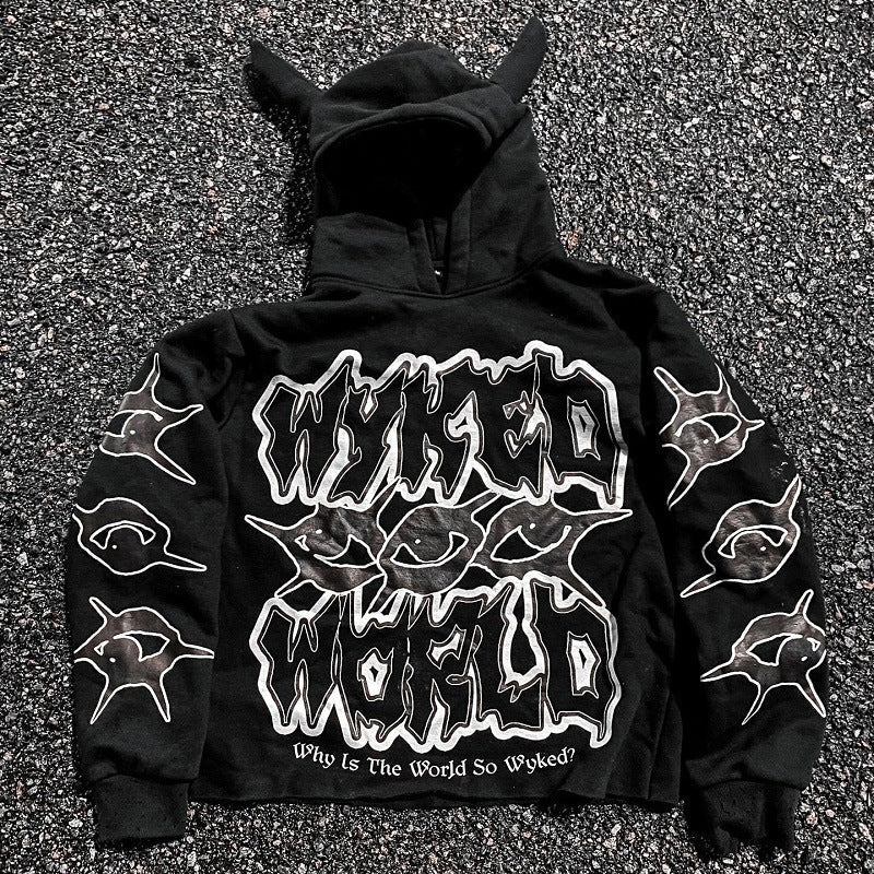 Sudadera con capucha con cuernos de diablo con estampado urbano estilo Y2K