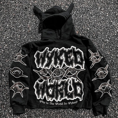 Sudadera con capucha con cuernos de diablo con estampado urbano estilo Y2K