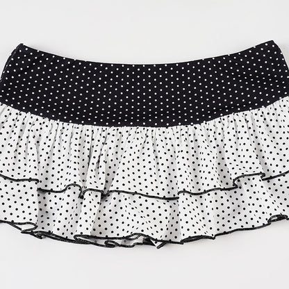 Polka Dot Patchwork Color Block Cute Tiered Slim Mini Skirt