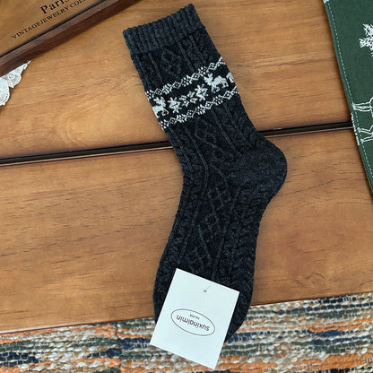 Calcetines largos de lana estilo retro, cálidos, con diseño de alce
