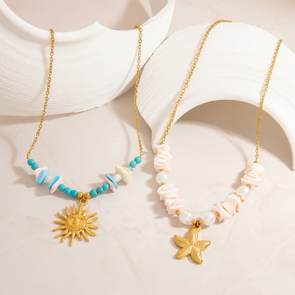 Collar de acero inoxidable con perla, estrella de mar y sol de piedra natural