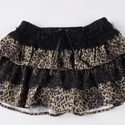 Minifalda con lazo, volantes y estampado de leopardo