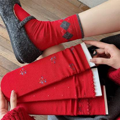 Slouchy Red Combed Cotton Mid Calf Chic Socks