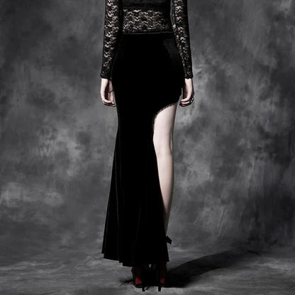 Gothic Style  Split Black Asymmetric Cheongsam Velvet Embroidery Long Maxi Skirt