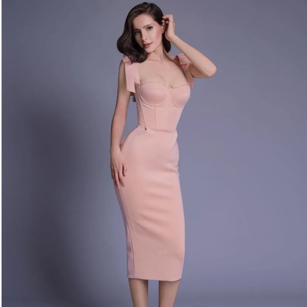 DressBetty - 2024 New Pink White  Sleeveless Bodycon Midi Dress