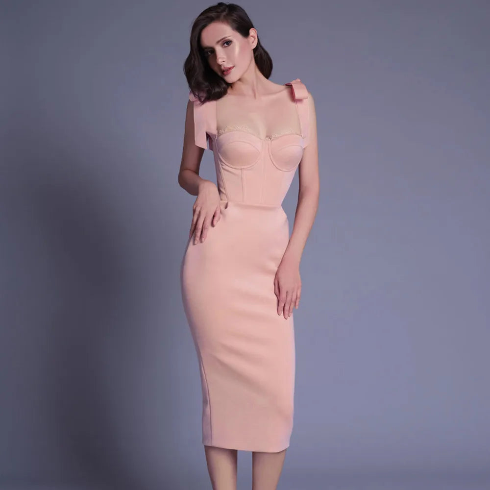 DressBetty - 2024 New Pink White  Sleeveless Bodycon Midi Dress