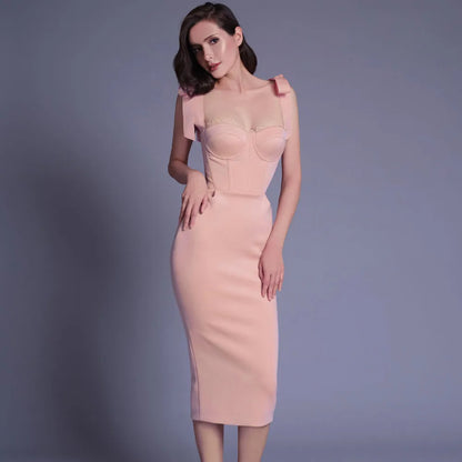 DressBetty - 2024 New Pink White  Sleeveless Bodycon Midi Dress