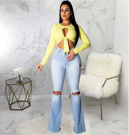 DressBetty - Blue Washed Flare Denim Mom Jeans Skinny Side Stripe High Waisted Sequined Pant