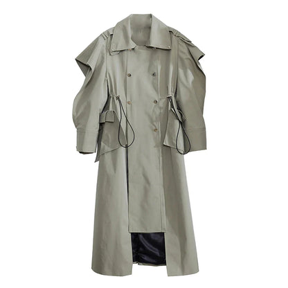 Plus Size Elegant Long Drawstring Waist Double Breasted Luxury Designer Stylish Coat