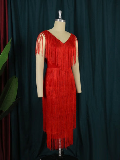 DressBetty - Red Tassel Dresses  V-Neck Fringe Cocktail Event Party Outfits
