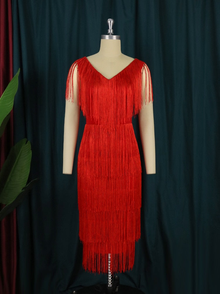 DressBetty - Red Tassel Dresses  V-Neck Fringe Cocktail Event Party Outfits