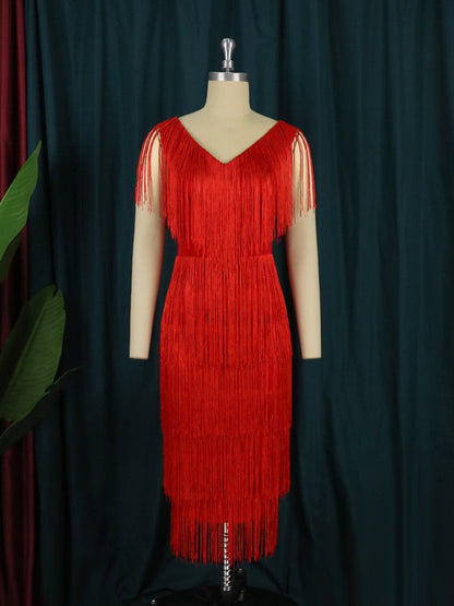DressBetty - Red Tassel Dresses  V-Neck Fringe Cocktail Event Party Outfits