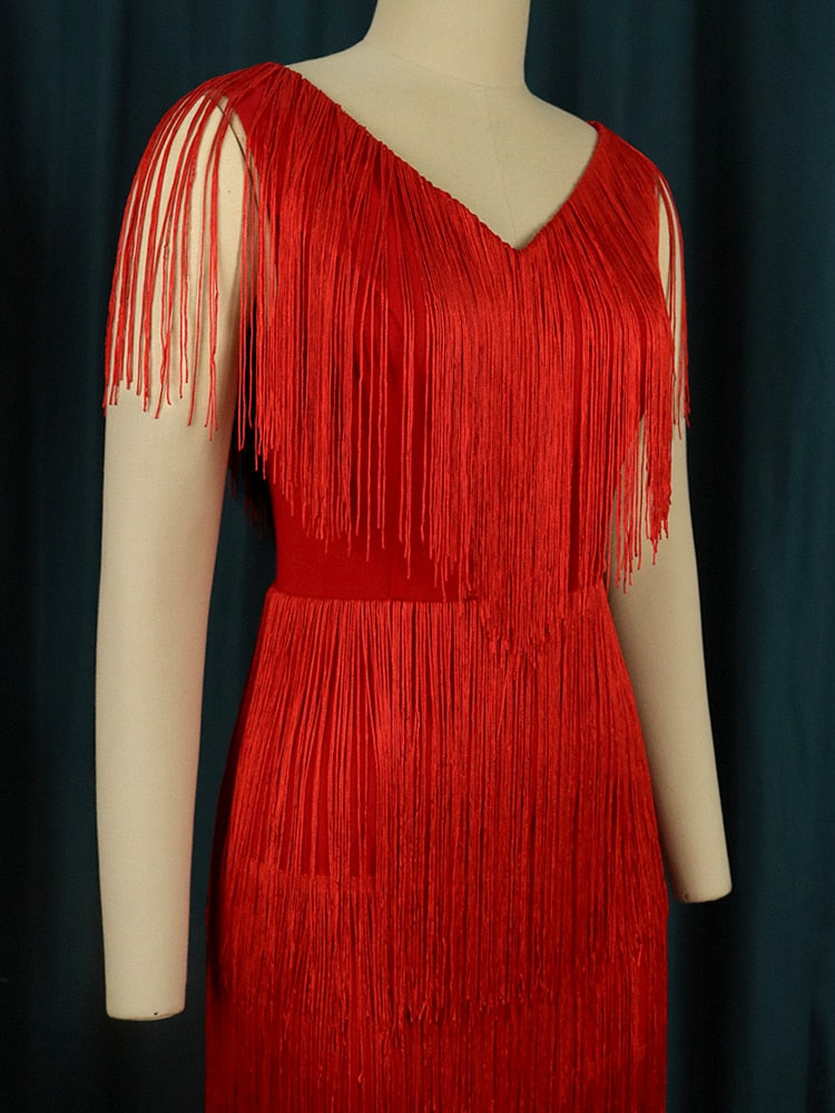 DressBetty - Red Tassel Dresses  V-Neck Fringe Cocktail Event Party Outfits