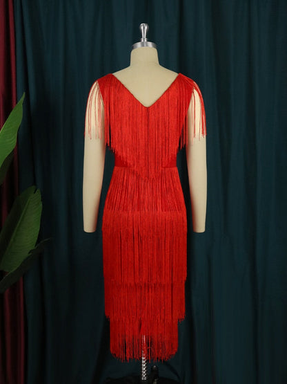 DressBetty - Red Tassel Dresses  V-Neck Fringe Cocktail Event Party Outfits