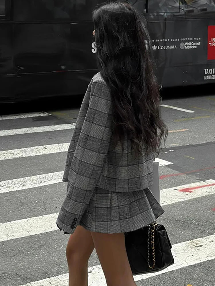 Retro Plaid Pleated Lapel Office Two Piece Set