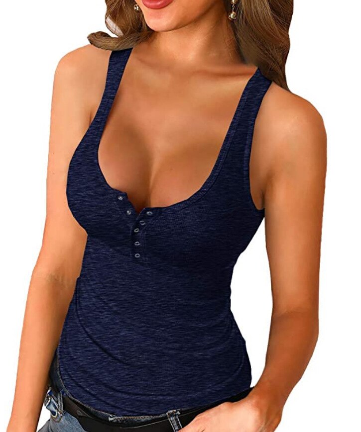 DressBetty - Ribbed Knitting Button U-neck Sleeveless Tank Top
