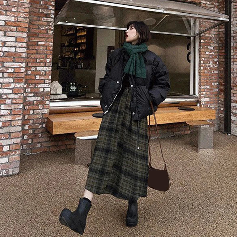 DressBetty - Vintage Woolen Plaid High Waist A-Line Midi Skirt