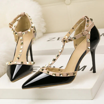 Rivet Pointed Toe Designer Hollow Red Fine High Heel  High Heel