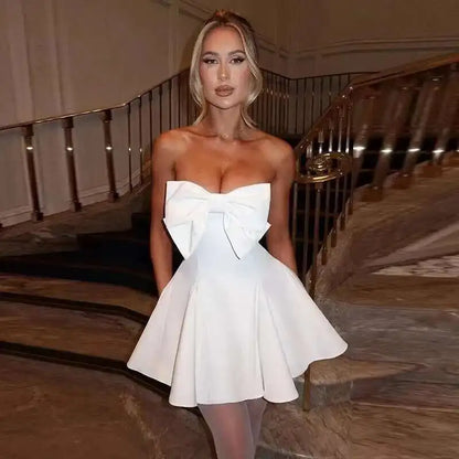 Pearl Bow Waist Wrap Backless Mini Dress
