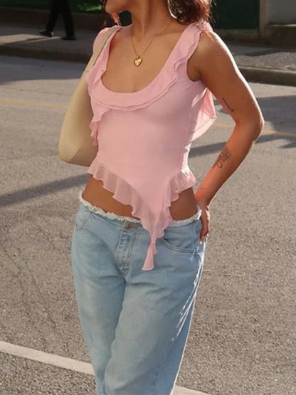 O-neck Ruffled Backless Irregular Cami Top