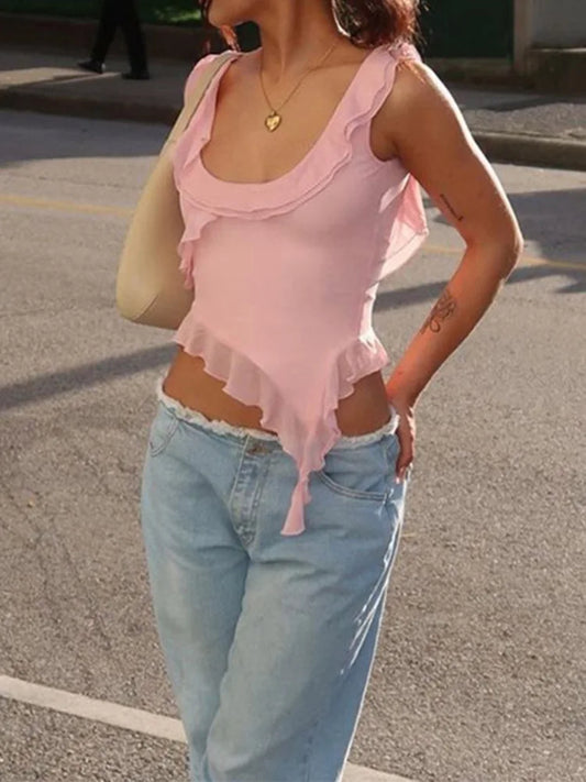 O-neck Ruffled Backless Irregular Cami Top
