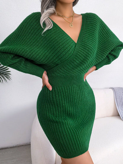DressBetty - Sweater Dresses Formal Deep V Neck Mini  Dress Batwing Long Sleeve Knitted Winter Dresses
