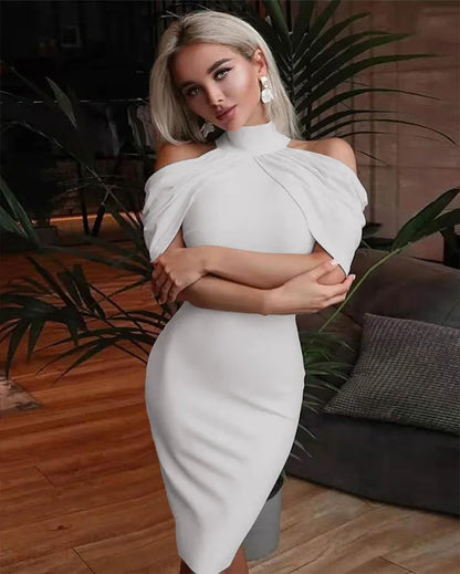 Solid Halter Off Shoulder Hip Package Bodycon Work Dress
