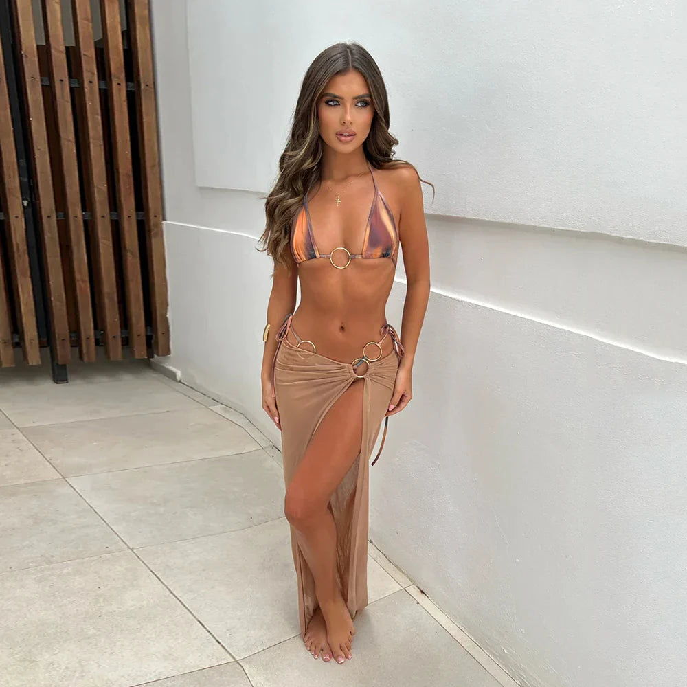 Print Micro Long Skirt  Three Piece Swim Sets