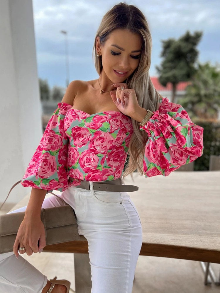 DressBetty - Women  Top Summer Off Shoulder Floral Blouses Holiday Slash Neck Tops