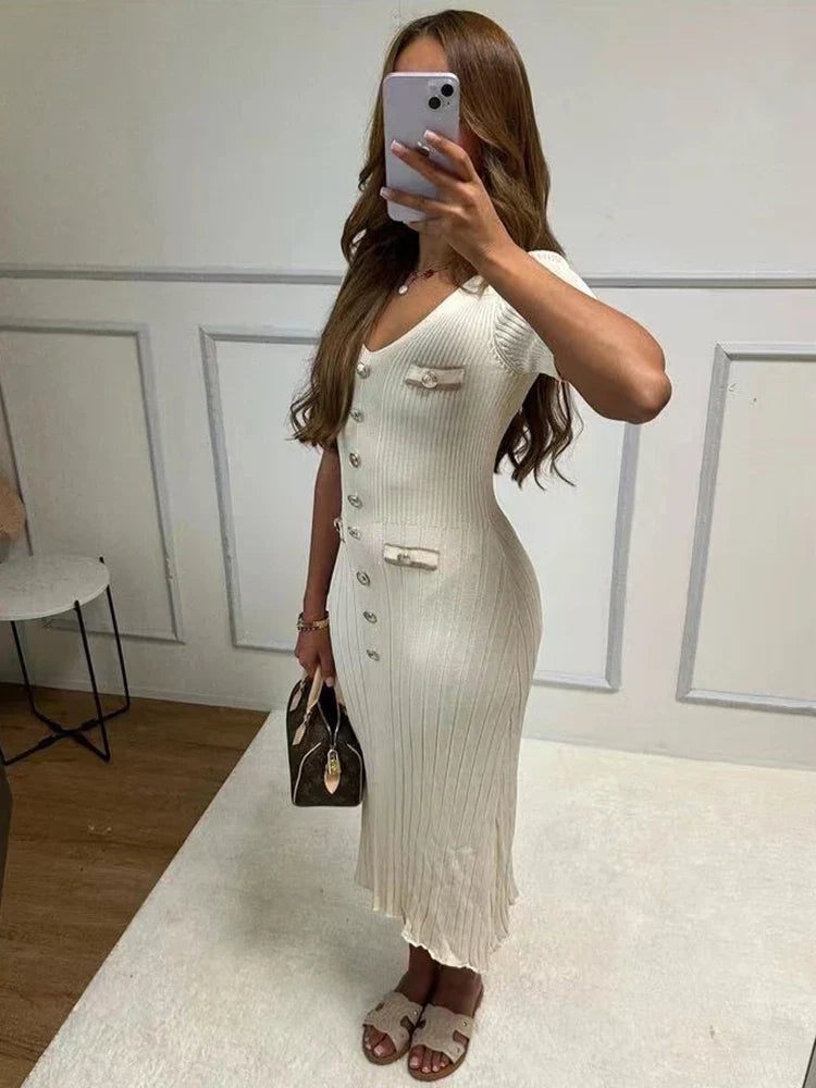 V-Neck Knitted Short Sleeve Button Work Dress
