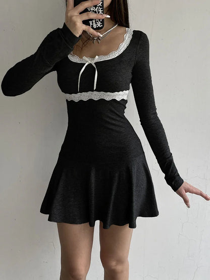 Patchwork Lace Square Neck Mini Dress