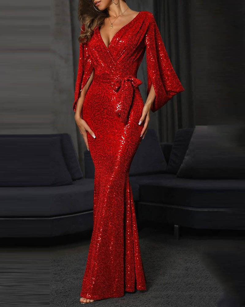 DressBetty - Elegant Sequins Mermaid Evening Dress  Long Sleeve V-Neck High Waist Corset Dress