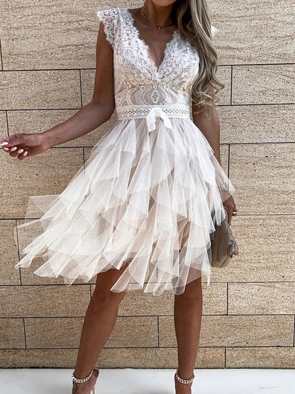 DressBetty - Lace Patchwork Asymmetrical White Dress Femme  Sleeveless Slim Fit Party