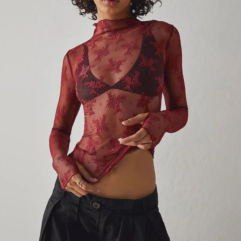 Mesh Long Sleeve Sheer Top