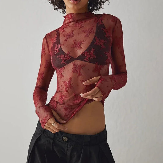 Mesh Long Sleeve Sheer Top