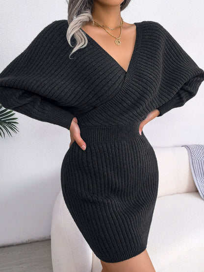 DressBetty - Sweater Dresses Formal Deep V Neck Mini  Dress Batwing Long Sleeve Knitted Winter Dresses