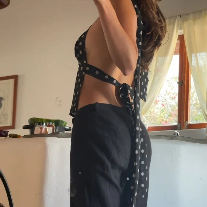Polka Dot Scarf  Backless V Neck Cami Top