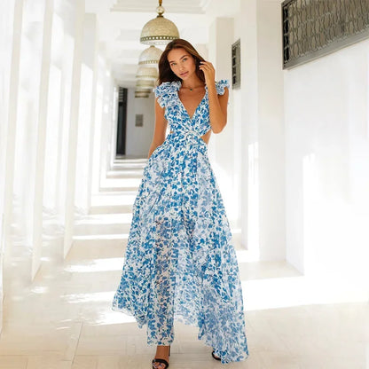 Ruffle Split Lace-up Floral Dress