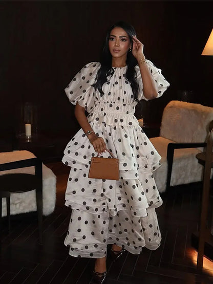 Polka Dot Square Neck Lotus Hem Silk Dress