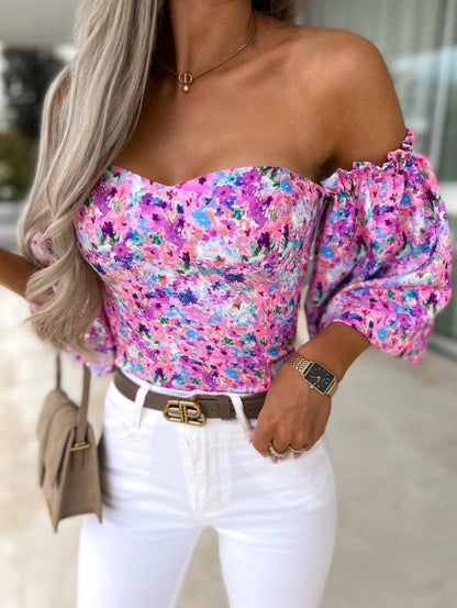DressBetty - Women  Top Summer Off Shoulder Floral Blouses Holiday Slash Neck Tops