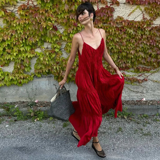 Pleated Deep V-neck Backless Slim Slip Dress