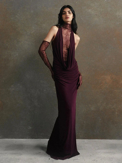Turtleneck Pleated Gloves Backless Lace Dress
