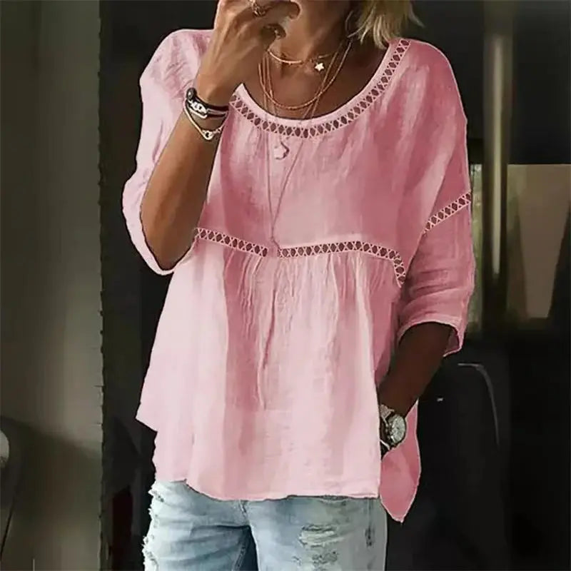 Hollow Out Splice Seven-quarter Sleeve Blouse