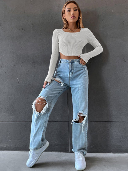 DressBetty - Long Sleeve Square Neck Knitted Crop Top Women Y2k  T Shirts