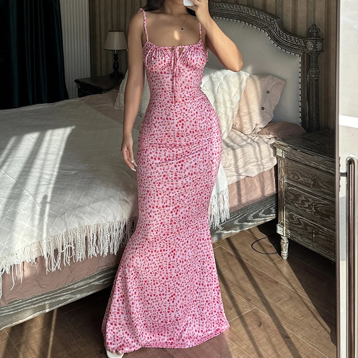 Tie-up Split Spaghetti Floral Dress
