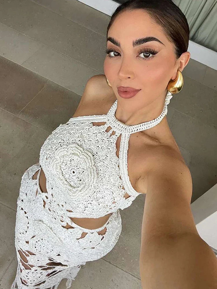 Hollow Hanging Neck Slim Floral Dress